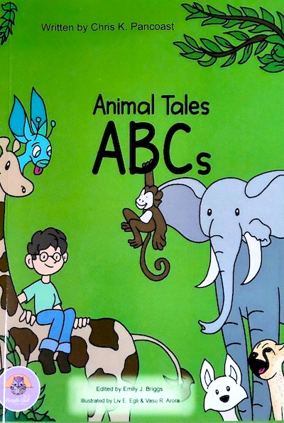 Book cover with drawing of boy wearing glasses seated on giraffe with other animal nearby including a monkey, elephant and felines