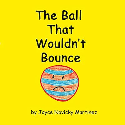 Book cover with sad face on a blue- and red-striped ball.