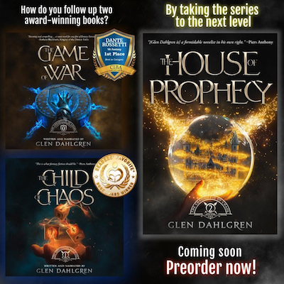 Book cover with three novels: The Game of War, The Child of Chaos, The House of Prophecy.