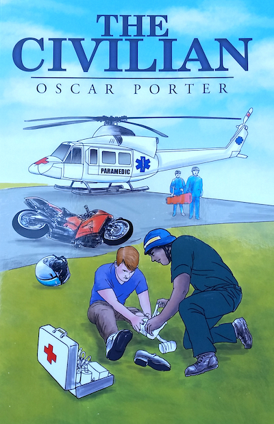 Book cover with man bandaging injured motorcyclist while paramedics arrive in helicopter.