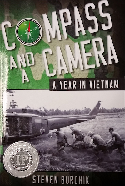 Book cover with medics carrying wounded soldier on stretcher.
