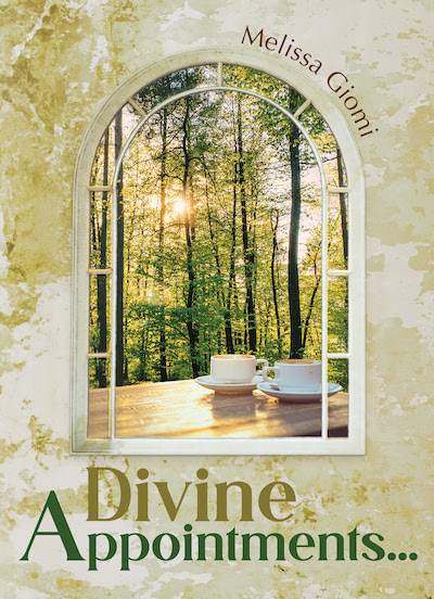 Book cover: Divine Appointments by Melissa Giomi with view through window of sunrise in a wood behind a picnic table holding two cups of coffee.