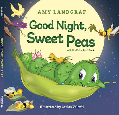 Book cover with peas sleeping in a pod in front of a full moon, with a bird and three sleeping bumblebees nearby.