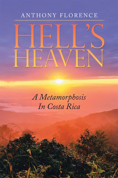 Book cover with image of a tropical sunset in the jungle.