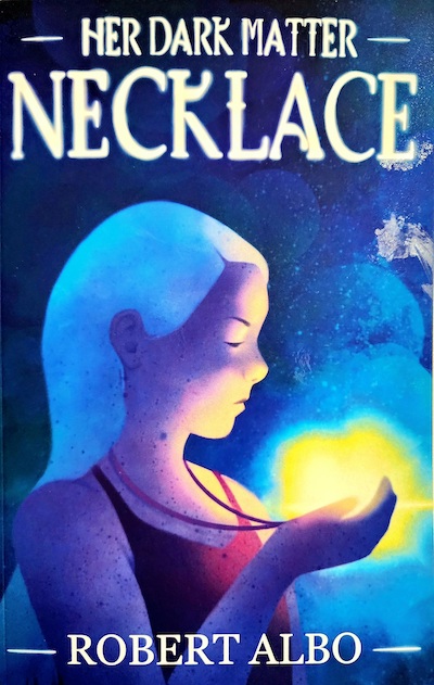 Book cover with profile of young woman wearing a necklace with a glowing pendant she holds.