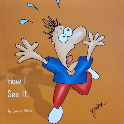 Book cover with startled man cartoon.