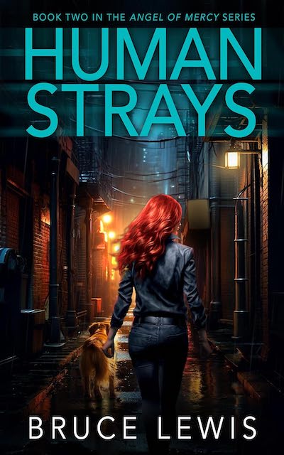 Book Cover: Human Strays by Bruce Lewis with woman walking with dog at night down a narrow and rain soaked street.