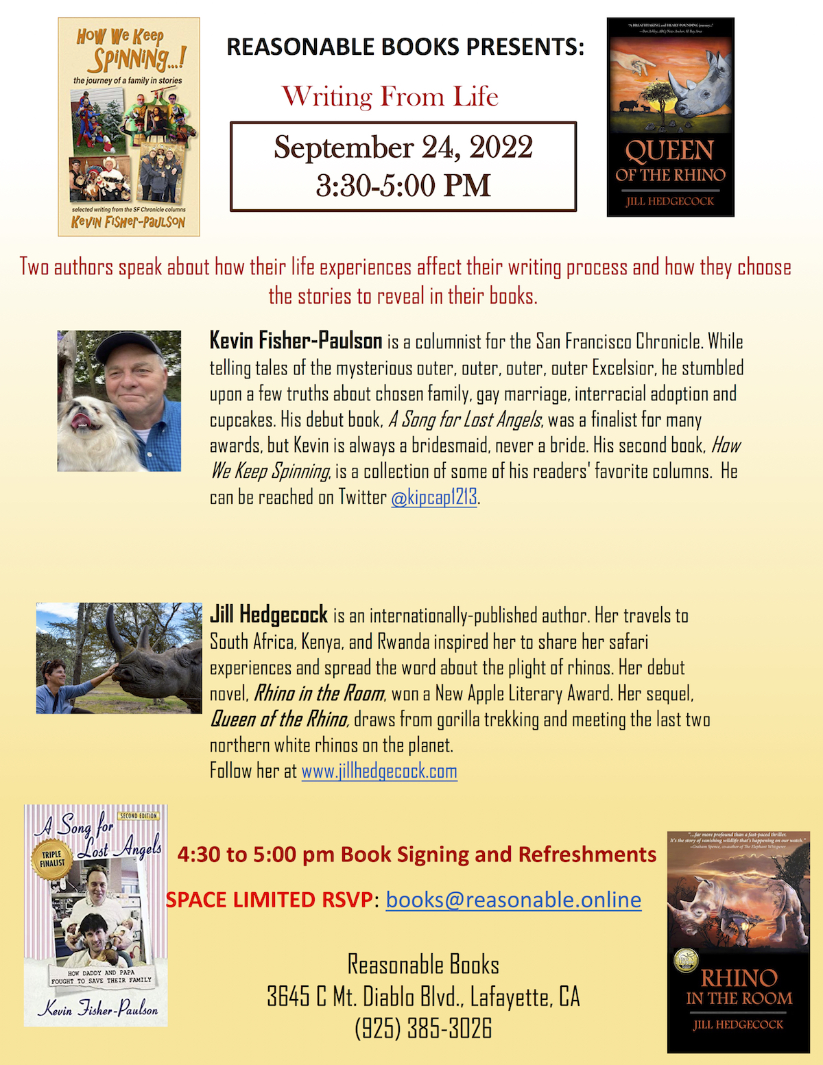 Flyer for author event at Reasonable Books with Jill Hedgecock and Kevin Fisher-Paulson.