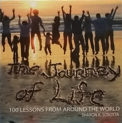 Book cover with group of people holding hands jumping on beach at sunset.