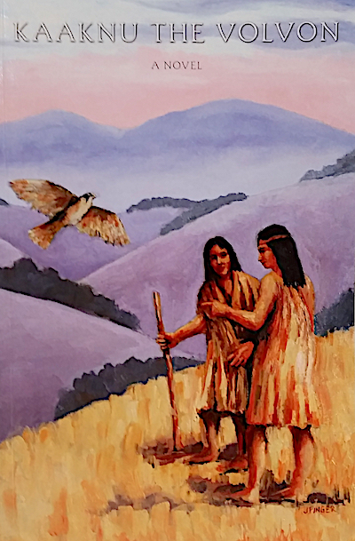 Book cover with hawk and Native Americans on grassy hills.