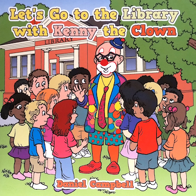 Book cover with clown surrounded by children in front of a library.