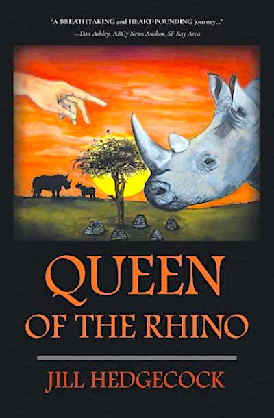 Book cover with hand reaching to touch a rhinoceros in a savanna at sunset.