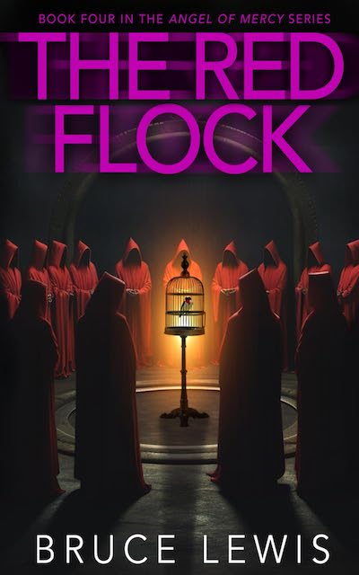 Book Cover: The Red Flock by Bruce Lewis with group of robed and hooded people standing in circle around a tanager in a birdcage.