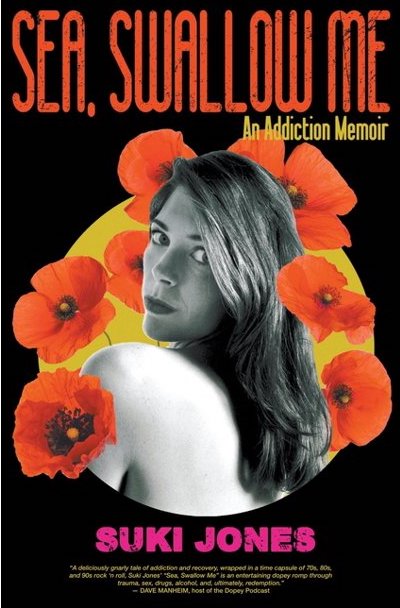 Book cover: Sea, Swallow me by Suki Jones, with author in modelling pose against a background of poppy flowers.