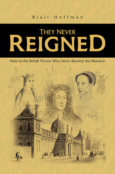 Book cover with drawings of medieval British royalty and a Victorian-era British street scene.