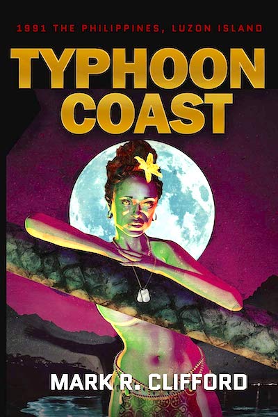 Book cover with woman in South Pacific dress before a full moon.