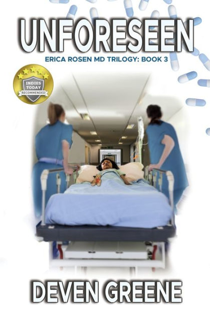 Book cover with young girl on stretcher being wheeled by nurses down a hospital hallway.